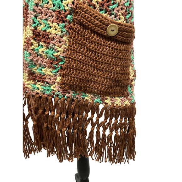 VTG Handmade Knit Crochet Poncho Fringe 70s Granny Brown Orange One Size - Picture 2 of 6
